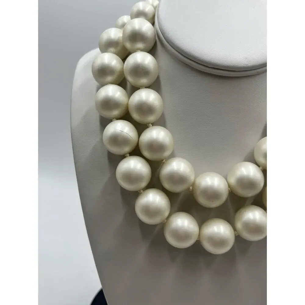 Vintage Large Double Strand Ivory Faux Acrylic Pearl Gold Tone Hook Necklace 20m